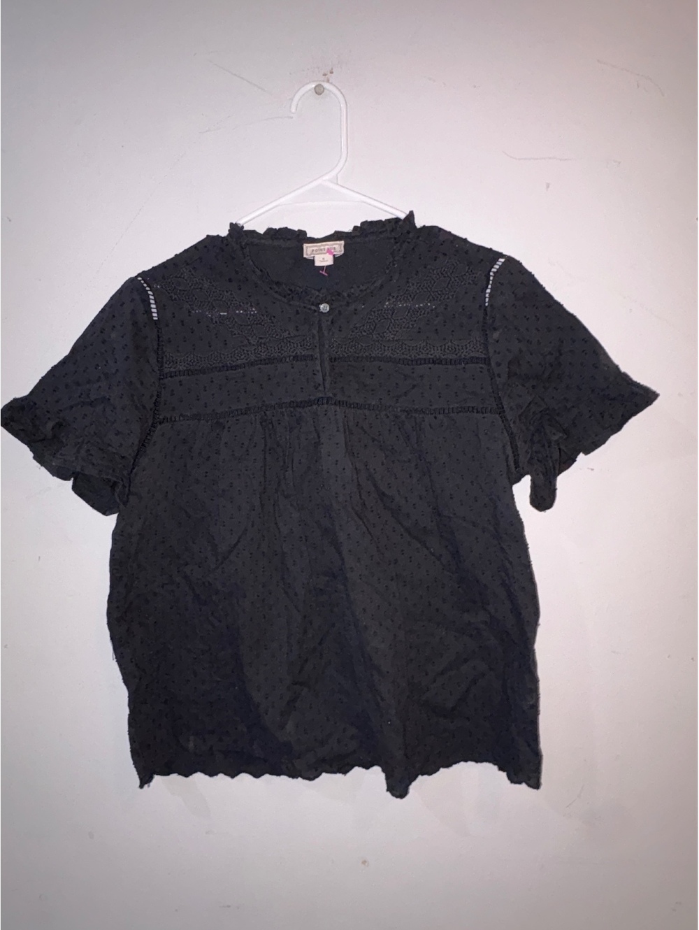 Point Sur Black Swiss Dot Short Sleeve Blouse Size S
